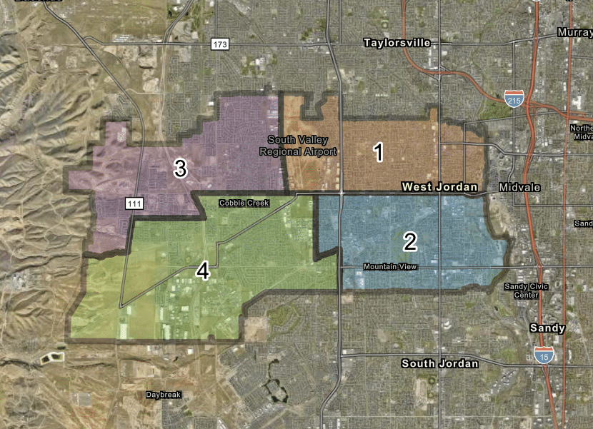 A map showing a section of Utah with areas labeled 1 through 4. Major roads include I-215 and Route 111. Notable locations marked are South Valley Regional Airport and Mountain View. Towns include Taylorsville, West Jordan, and South Jordan.