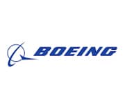 Logo of Boeing, featuring the companys name in bold blue letters with a stylized blue swoosh encircling a sphere to the left.