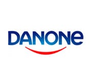 The image displays the Danone logo, featuring the brand name DANONE in bold blue letters with a red curved line resembling a smile beneath it. The background is white.