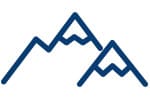 Simple blue line drawing of two mountain peaks. The larger peak is on the left, and the smaller one is on the right, both featuring distinct jagged lines to represent the mountainous terrain. The design is minimalist and stylized.