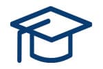 Simple blue line drawing of a graduation cap with a tassel.