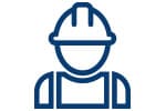 Icon of a construction worker wearing a hard hat and overalls, depicted in simple blue line art on a white background.