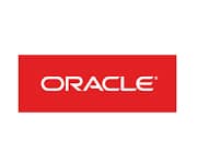 The image shows the Oracle logo, featuring the word ORACLE in white capital letters against a red rectangular background.