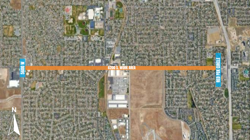 Click to enlarge. An aerial map showing a work area along a line stretching from 5600 W to Red Fox Circle. The map is marked with streets and buildings, highlighting the construction zone at 6200 S. A compass in the bottom left indicates north.