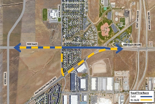 Map showing 9000 South with travel routes highlighted. Blue lines indicate the build route along 9000 South, while yellow dashed lines depict the no-build alternative. Key roads and buildings are visible.