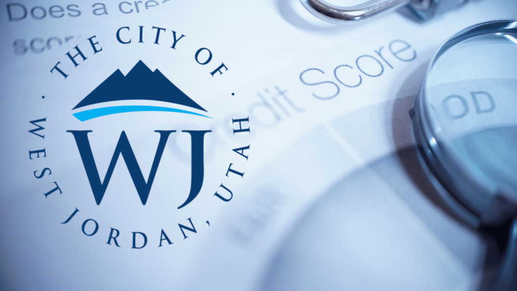 Logo of The City of West Jordan, Utah featuring stylized mountains and the letters WJ against a backdrop of a magnified document with the words Credit Score partially visible.