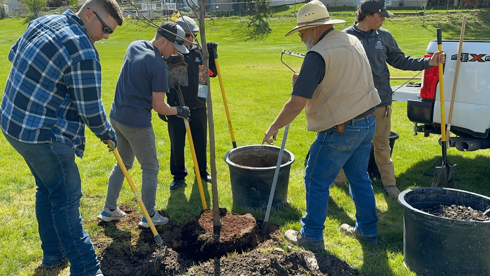 A group of people planting a tree in a grassy area. They are using shovels to dig a hole while standing around the tree. A truck is parked nearby, with buckets and soil visible around them. Its a sunny day.