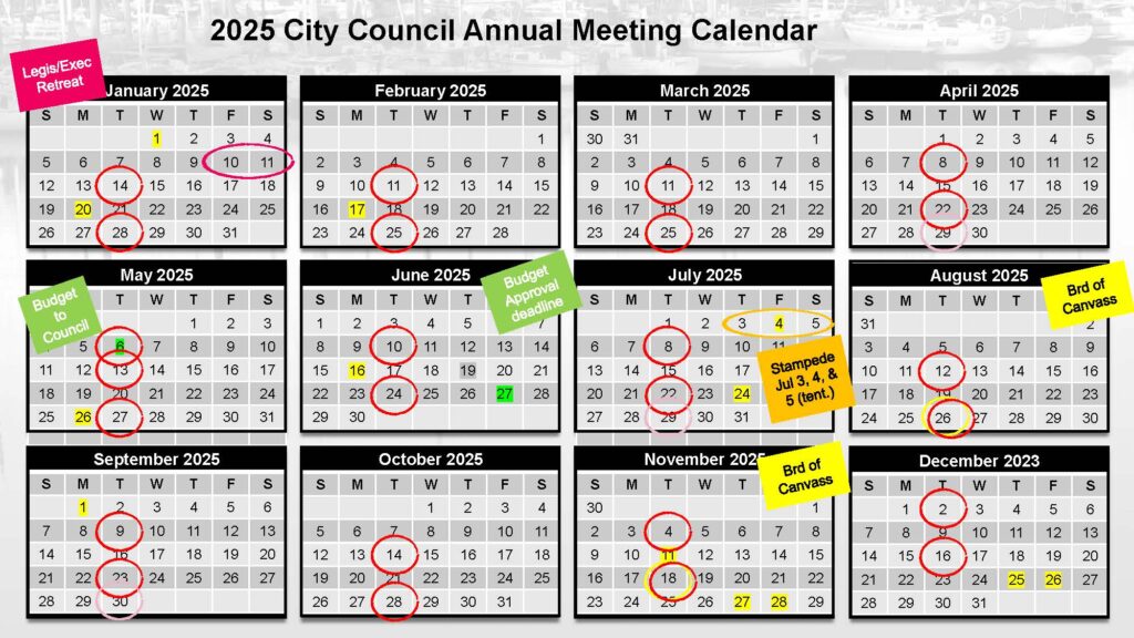 A calendar for the 2025 City Council Annual Meeting with meeting dates circled in red. Special events include Logic Exec Retreat in January, Budget Approval in July, and End of Census in August, September, and December. Stampede noted in July.