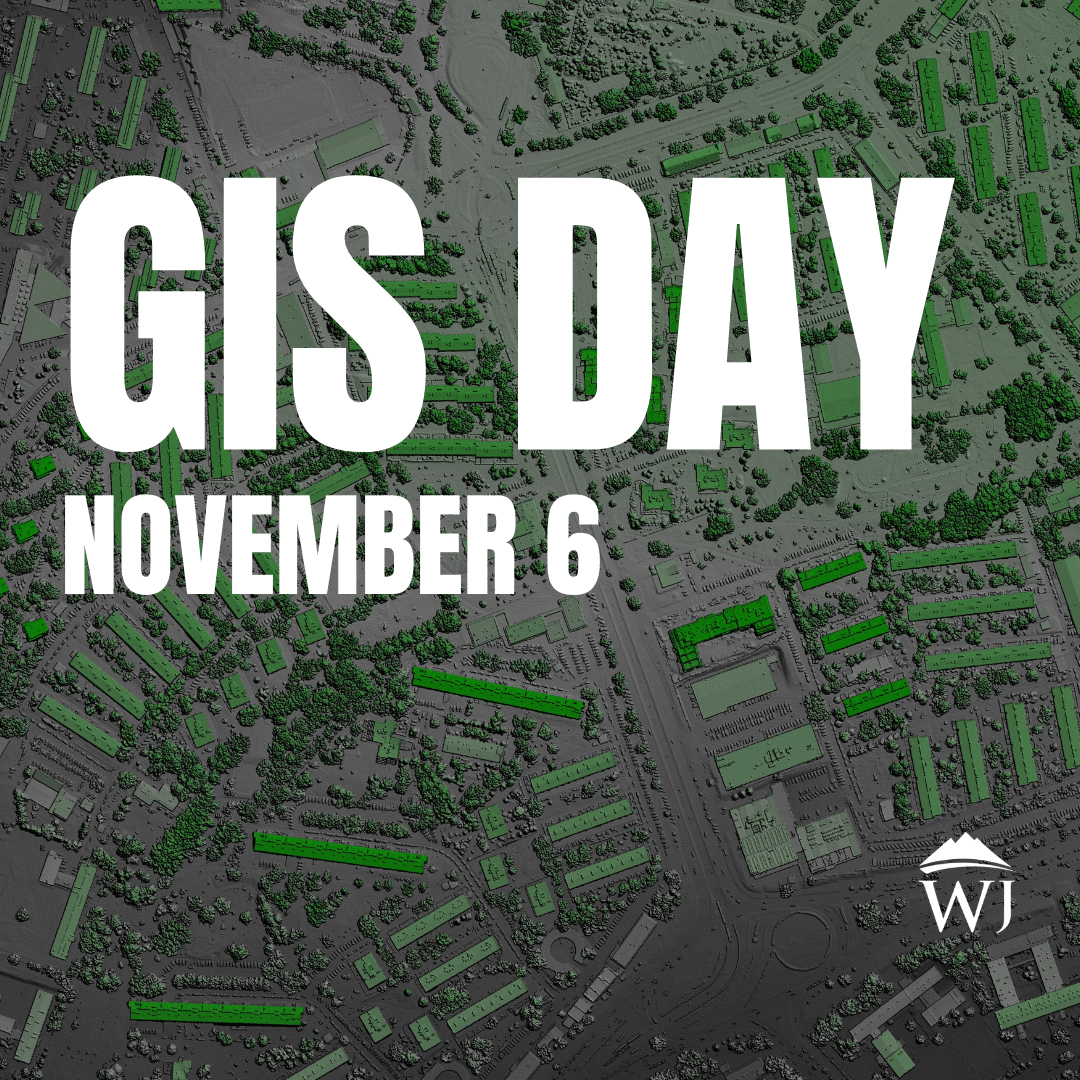 Aerial view of a city with streets and buildings, some highlighted in green. Text overlay reads GIS DAY November 6 with a logo at the bottom right.