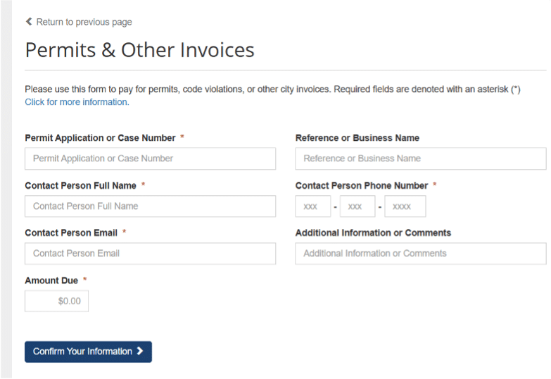 Screenshot of a webpage for paying permits and invoices. It includes fields for permit number, business name, contact details, and amount due. A blue button labeled Confirm Your Information is at the bottom.