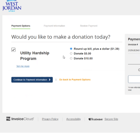 A donation page for the Utility Hardship Program from West Jordan, Utah. Options to round up bill or donate $5 or $10. Includes buttons for continuing to payment information or going back to payment options.