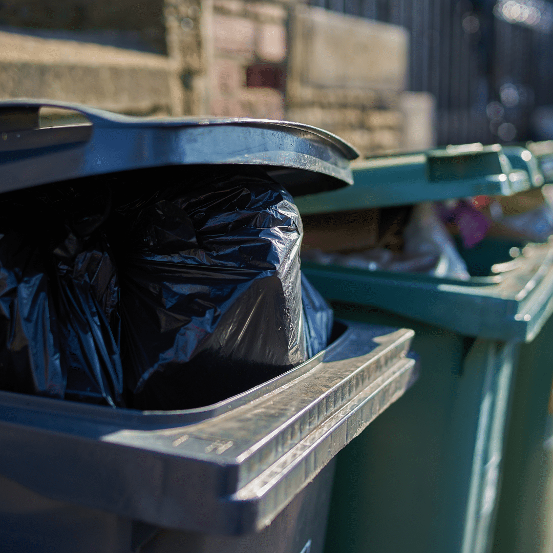 Close-up of several outdoor garbage bins lined up. The bins are partially open, revealing black plastic trash bags inside. The lighting suggests a sunny day, and the background shows stone steps and a metal railing.