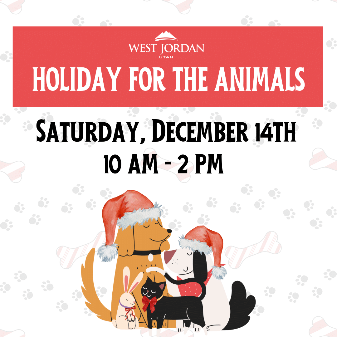 Illustration of four animals wearing Santa hats: a dog, cat, rabbit, and bird, all cuddling. Text reads: Holiday for the Animals, Saturday, December 14th, 10 AM - 2 PM. Paw prints and bones are in the background.