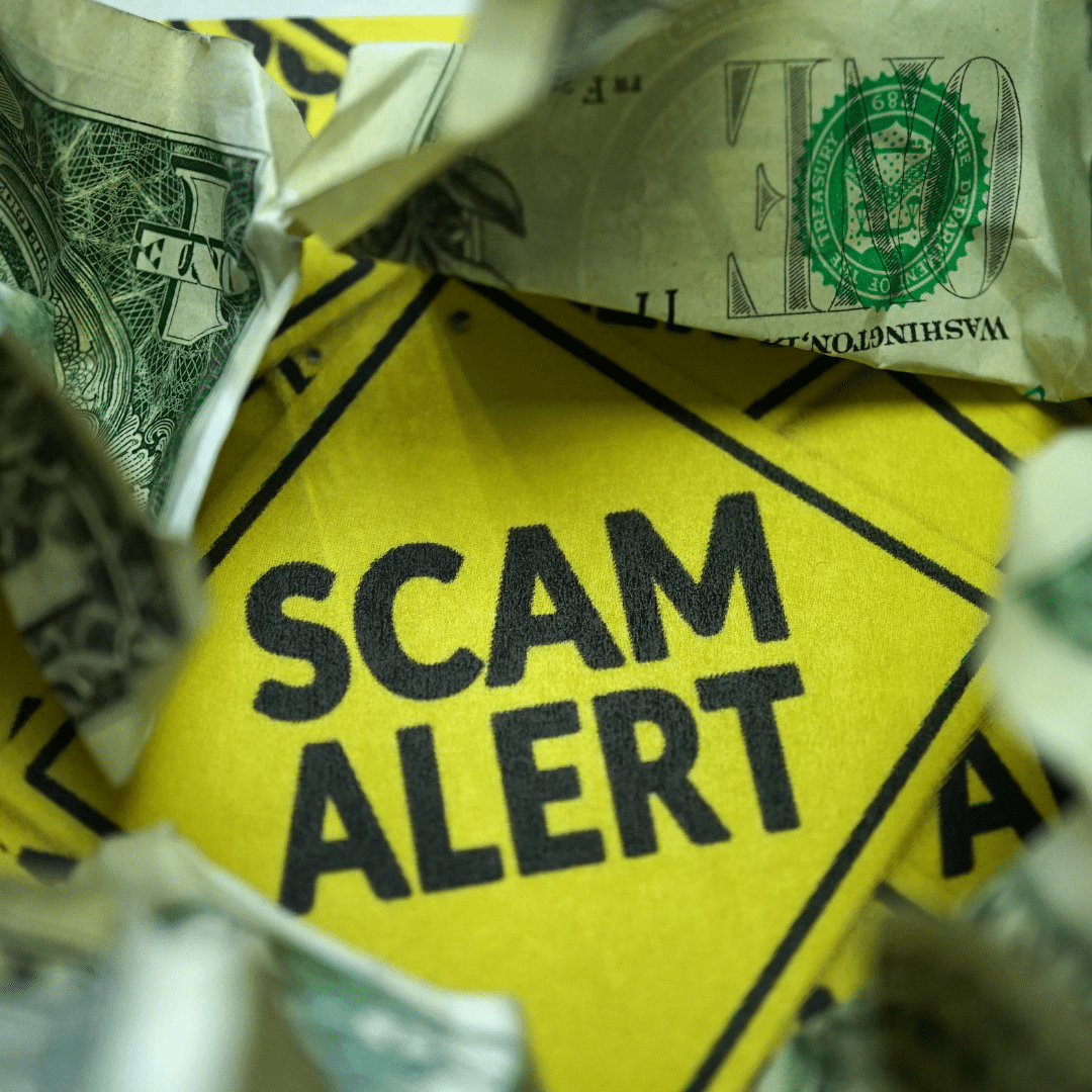 A yellow sign with the words SCAM ALERT surrounded by crumpled U.S. dollar bills.