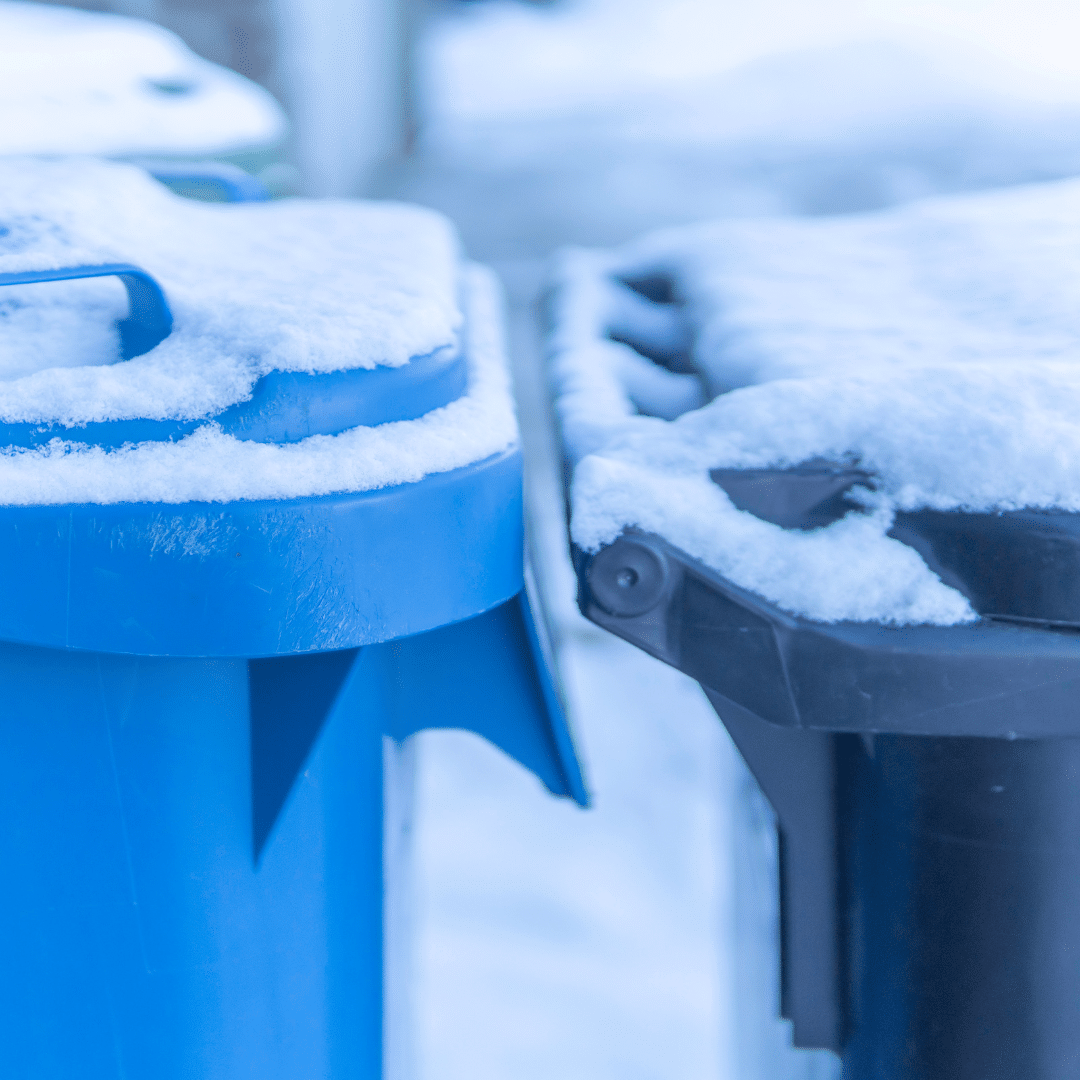 Close-up of two outdoor trash bins, one blue and one black, covered with snow. The bins are placed side by side, with blurred snowy ground in the background.