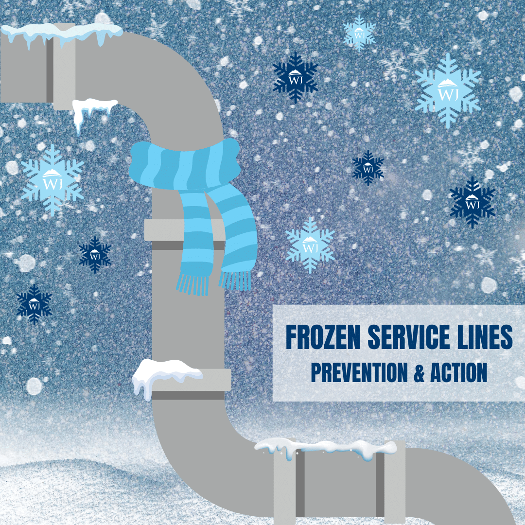 Illustration of a grey pipe with snow and ice. A blue scarf is wrapped around part of the pipe. Snowflakes fall, some with WI labeled. Text reads Frozen Service Lines Prevention & Action on a blue background.