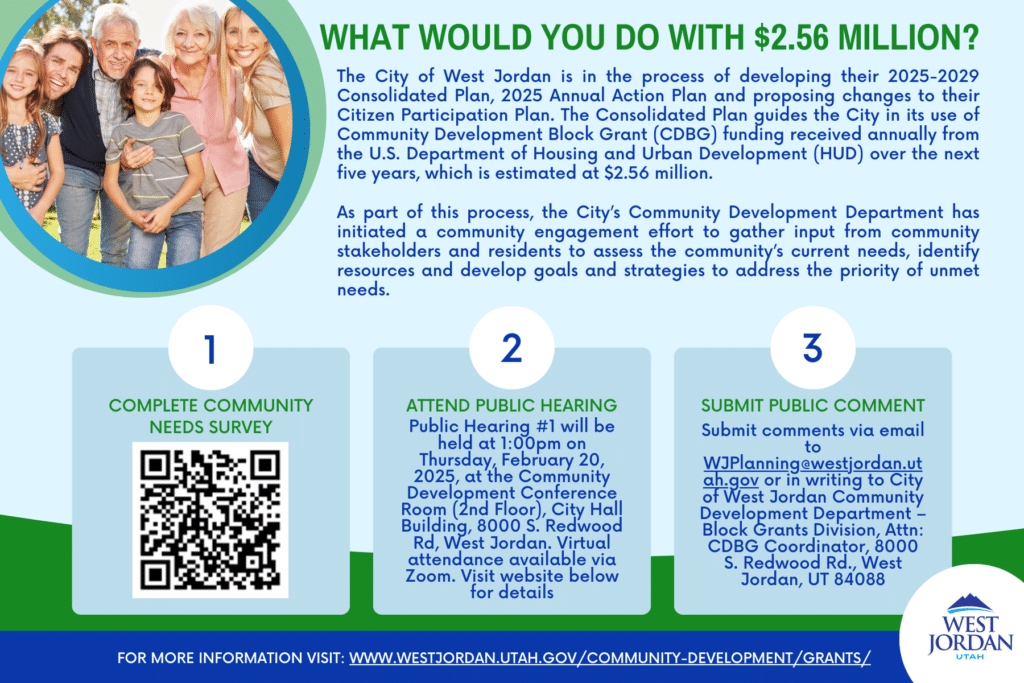 Informational flyer about West Jordans community funds of $2.56 million. It outlines three participation steps: completing a needs survey, attending a public hearing, and submitting comments. Includes contact details and QR code for more information.