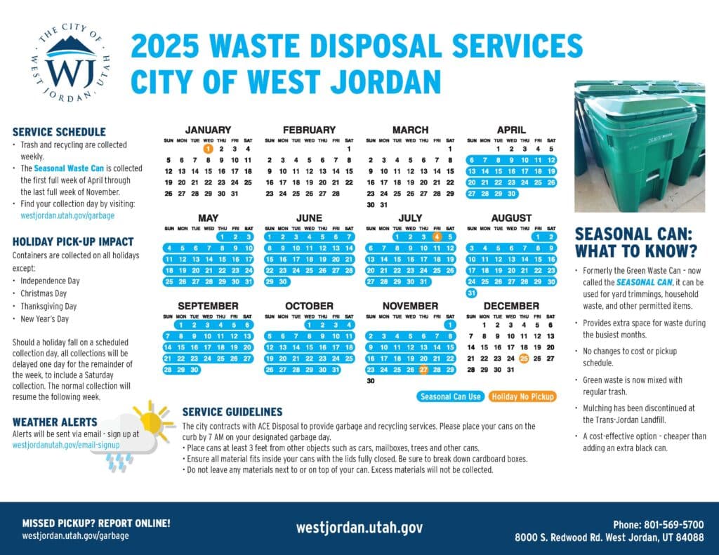 2025 Waste Disposal Services flyer for West Jordan, Utah. Includes service schedules, holiday pickup details with marked calendar dates, service guidelines, weather alerts, and a seasonal can section next to recycling bins. Contact info at bottom.